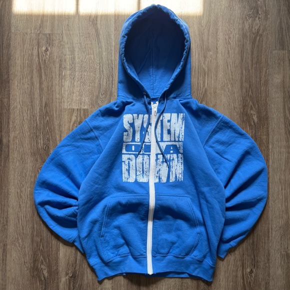 Y2K System of a Down Band Hoodie Mens Blue Full Zip Graphic Sweatshirt Logo - Picture 2 of 6